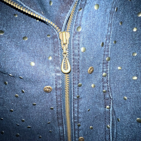 DG2 DIANE GILMAN EMBELLISHED DENIM BLUE ZIP MOTTO JACKET WITH ZIP FLARE SLEEVES - Picture 9 of 16